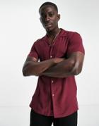 Asos Design Viscose Shirt With Revere Collar In Burgundy-red
