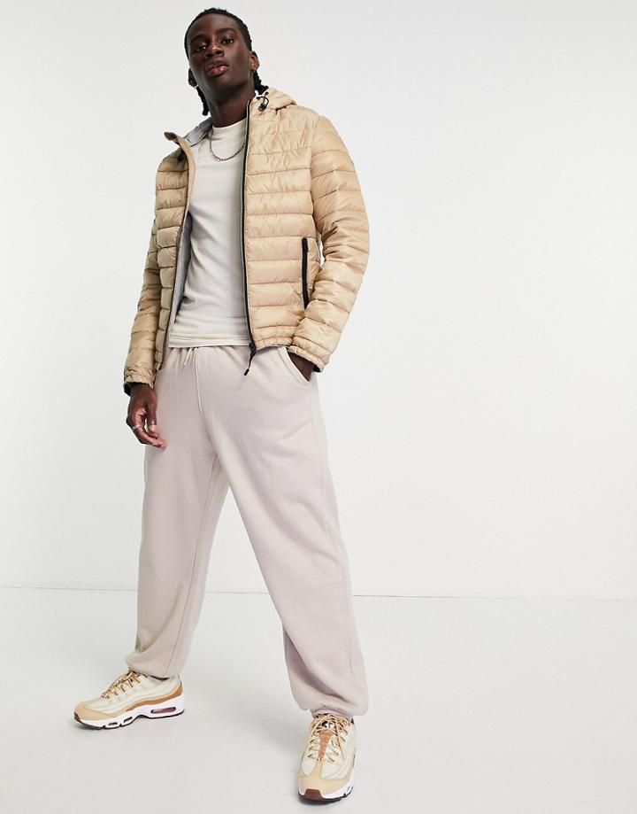 Bershka Quilted Hooded Jacket In Beige-neutral