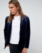 Asos Slim Double Breasted Blazer In Navy Velvet With Drawcord Back - Navy