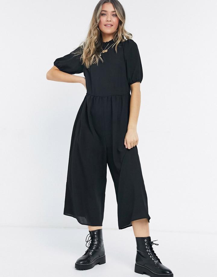 Asos Design Frill Neck Smock Jumpsuit In Black