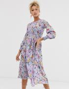 Never Fully Dressed Shirred Midi Skater Dress In Blue Floral Print-multi