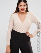 Club L Plus Long Sleeve Plunge Front Wrap Body Top - Pink