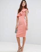 Rare One Shoulder Frill Midi Dress - Pink