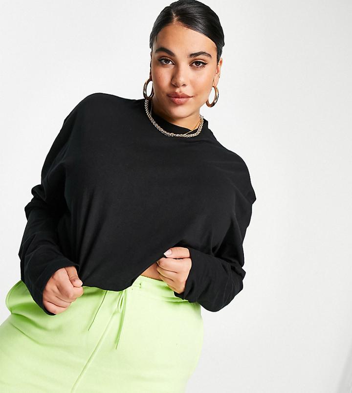 Collusion Plus Raw Hem Long Sleeve Crop T-shirt In Black