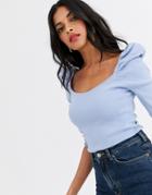 River Island Puff Sleeve Knitted Top In Blue
