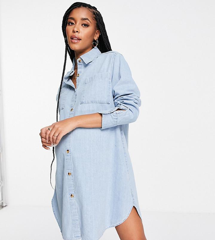 Asos Design Maternity Soft Denim Oversized Shirt Dress In Mid Wash-blues