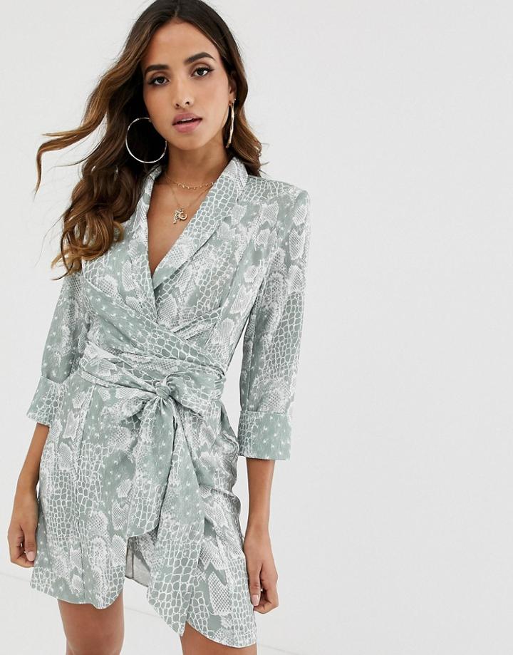 Asos Design Mini Tux Dress With Self Tie Belt In Snake Print - Multi