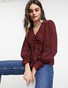 Asos Design Long Sleeve Top With Ruched Front Detail In Wine-red