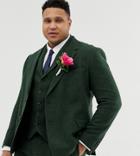 Asos Design Plus Wedding Slim Suit Jacket In Green Wool Mix Herringbone - Green