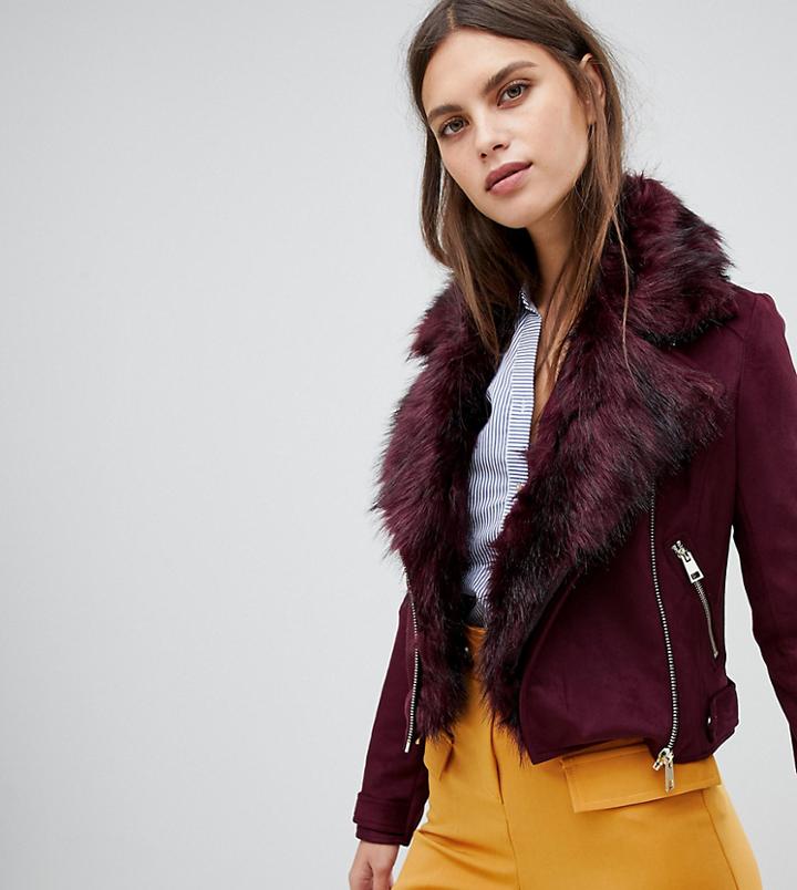 River Island Faux Fur Collar Biker Jacket In Burgundy - Red