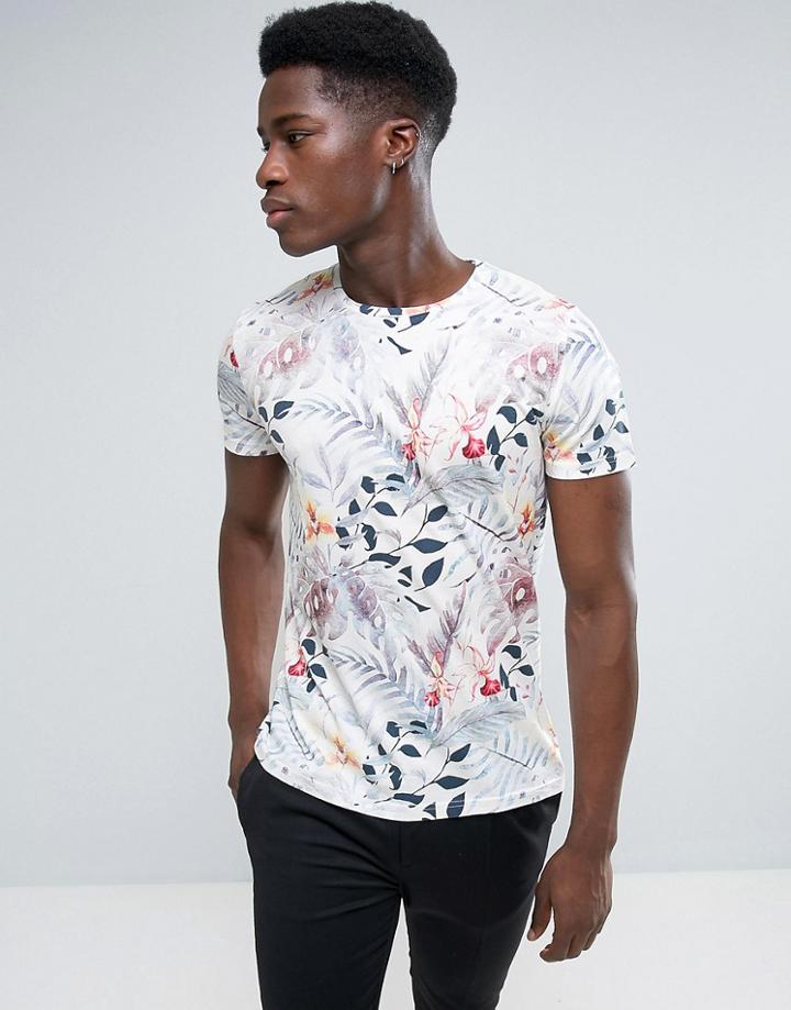 Esprit Crew Neck T-shirt With All Over Palm Print - White