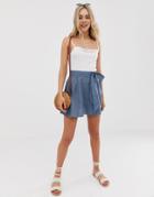 Asos Design Tie Front Mini Skirt In Cotton-blue