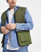 Asos Design Utility Vest With Diamond Quilt In Khaki-green