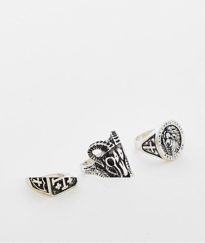 Asos Design 3 Pack Ring Set With Bulls Head In Burnished Silver