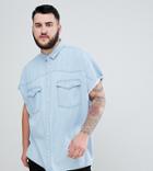 Asos Design Plus Oversized Raw Edge Bleach Wash Denim Shirt - Blue