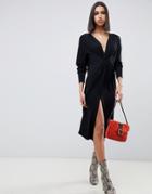Asos Design Relaxed Long Sleeve Midi Dress With Knot Front - Black