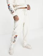 Asos Daysocial Relaxed Sweatpants With Floral Embroidery And Logo In Stone-grey