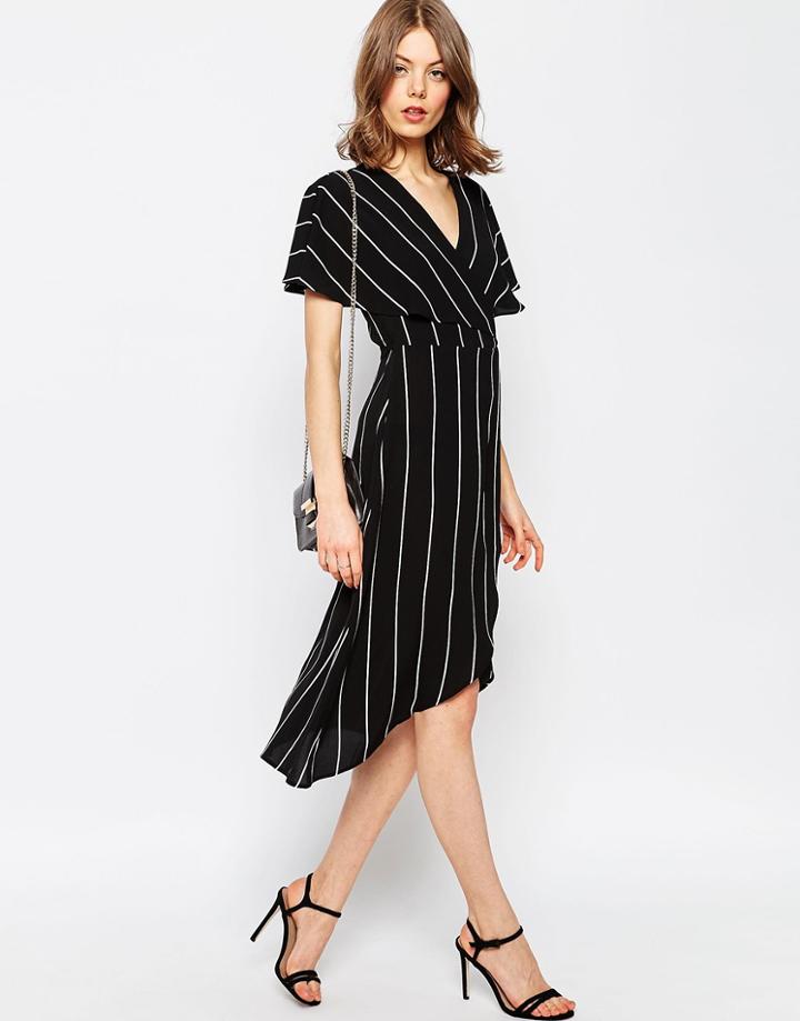 Asos Stripe Wrap Midi Dress With Cape Detail - Multi