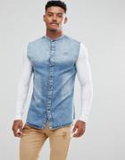 Siksilk Muscle Denim Shirt In Blue With Jersey Sleeves - Blue
