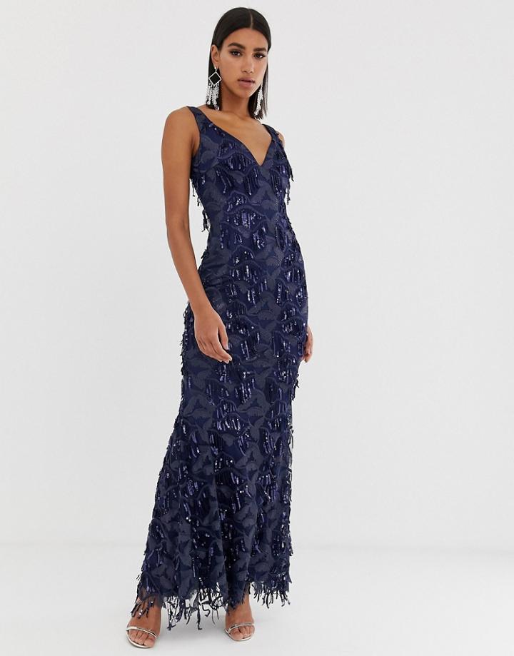 Goddiva Plunge Maxi Dress With Fringed Sequin In Navy