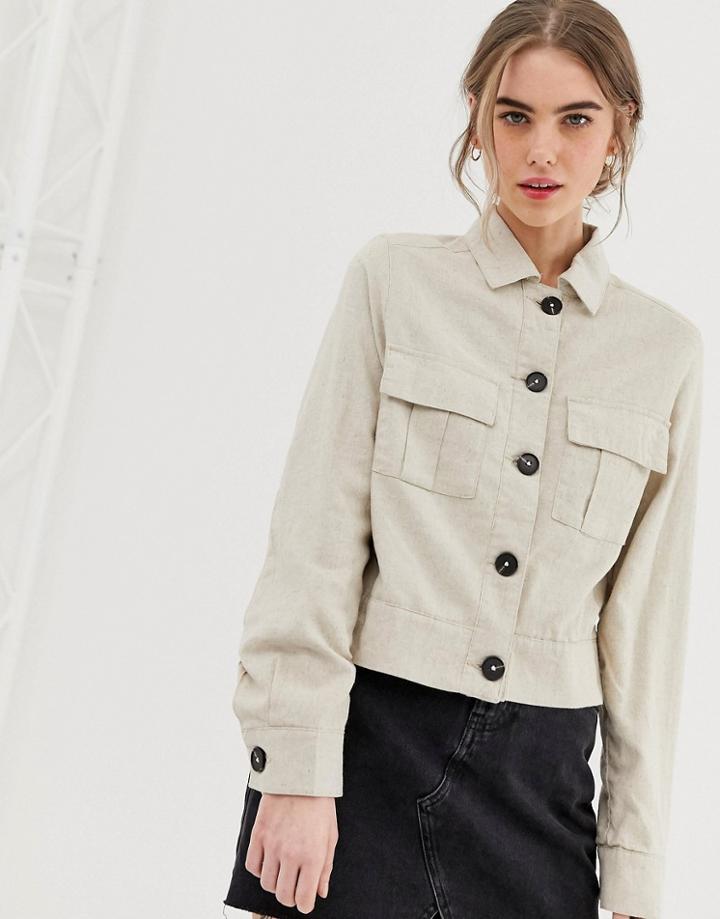New Look Cropped Utility Jacket In Linen - Beige