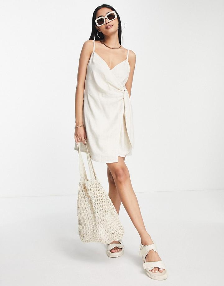 Asos Design Wrap Cami Tie Side Linen Mini Sundress In Stone-neutral