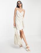 Asos Design Wrap Cami Tie Side Linen Mini Sundress In Stone-neutral