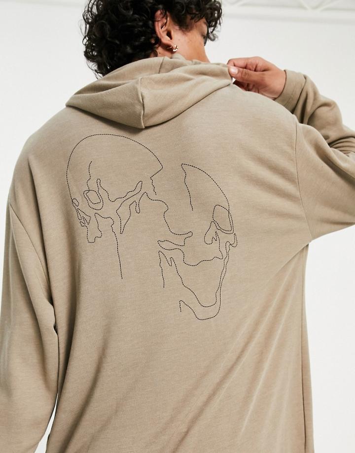 Asos Design Oversized Longline Hoodie In Viscose With Skull Back Print-neutral