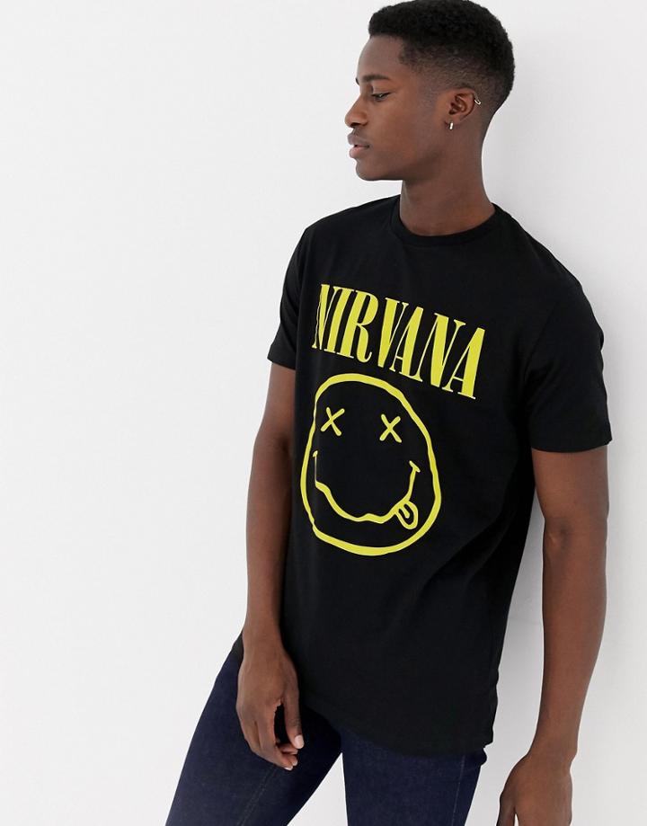 Asos Design Nirvana Longline Band T-shirt With Face Print-black