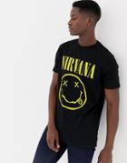 Asos Design Nirvana Longline Band T-shirt With Face Print-black