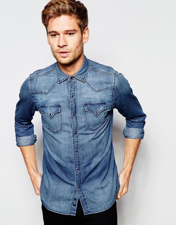 Replay Denim Shirt Slim Fit Mid Wash - Blue