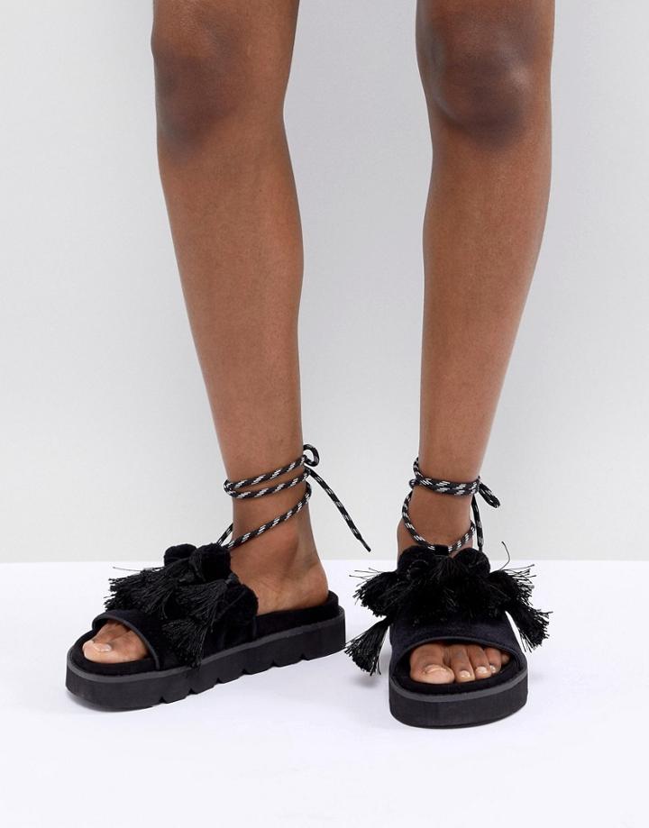 Asos Design Fringey Premium Pom Pom Flat Sandals - Black