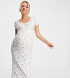 Asos Design Maternity Short Sleeve Ribbed Midi Dress In White & Blue Ditsy Floral-multi