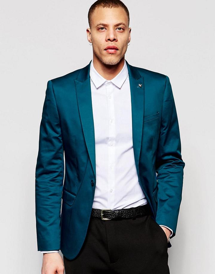 Asos Super Skinny Fit Blazer In Cotton - Teal
