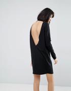 Asos Open Back T-shirt Dress With V Back And Long Sleeves - Black