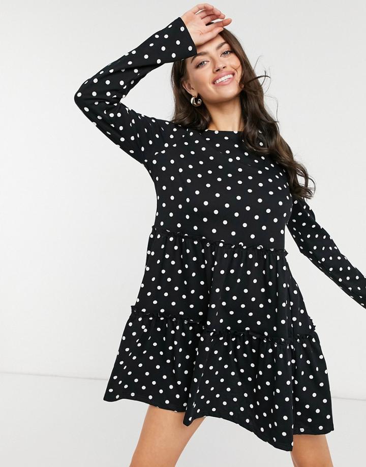 River Island Polka Dot Long Sleeve Smock Mini Dress In Black-multi