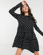 River Island Polka Dot Long Sleeve Smock Mini Dress In Black-multi