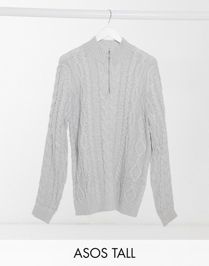 Asos Design Tall Heavyweight Cable Knit Half Zip Sweater In Light Gray-grey