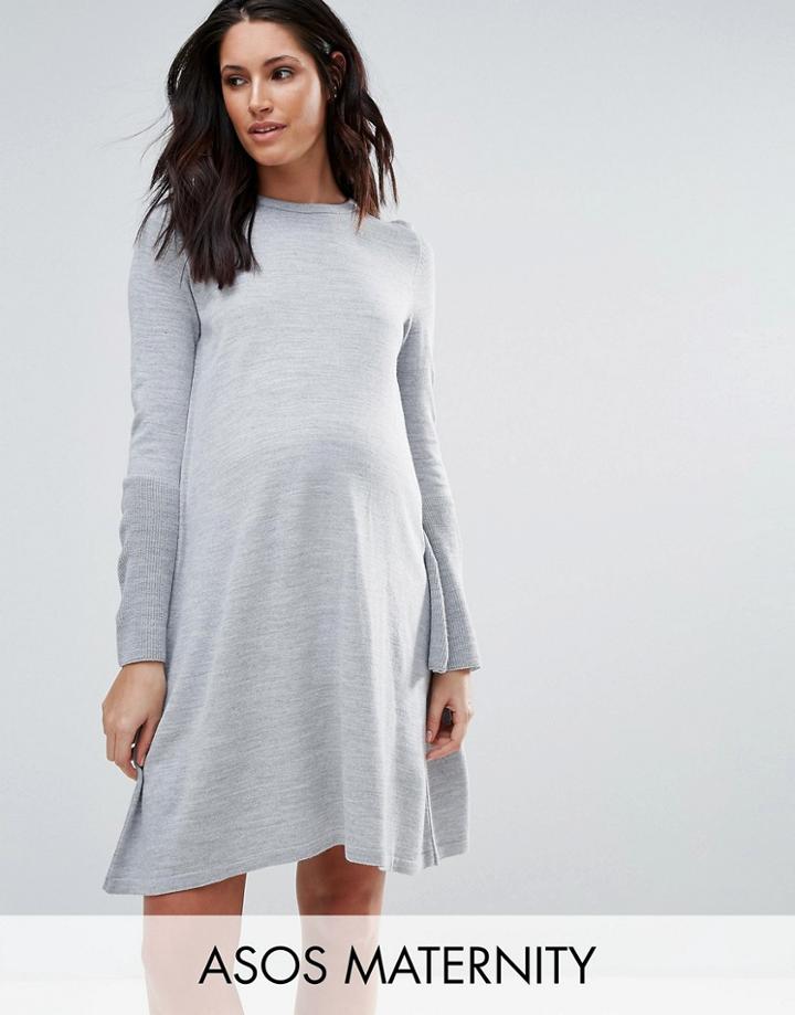 Asos Maternity Dress In Knit With Fluted Sleeve - Gray
