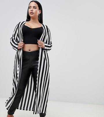 Prettylittlething Plus Bold Stripe Longline Kimono In Mono Stripe - Multi