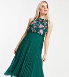 Asos Design Petite Pleated Midi Dress With Embroidery In Forest Green