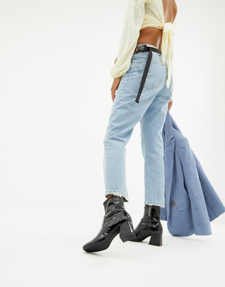 Bershka Patent Block Heel Boot - Black