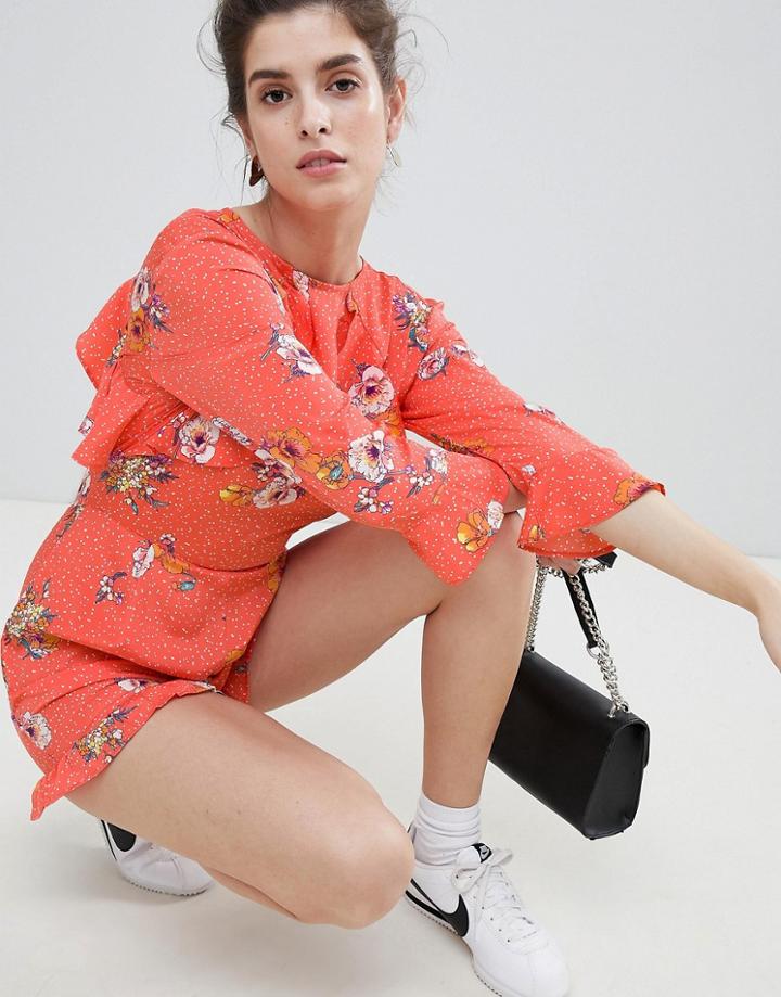 Neon Rose Tie Back Ruffle Romper In Spot Floral-red