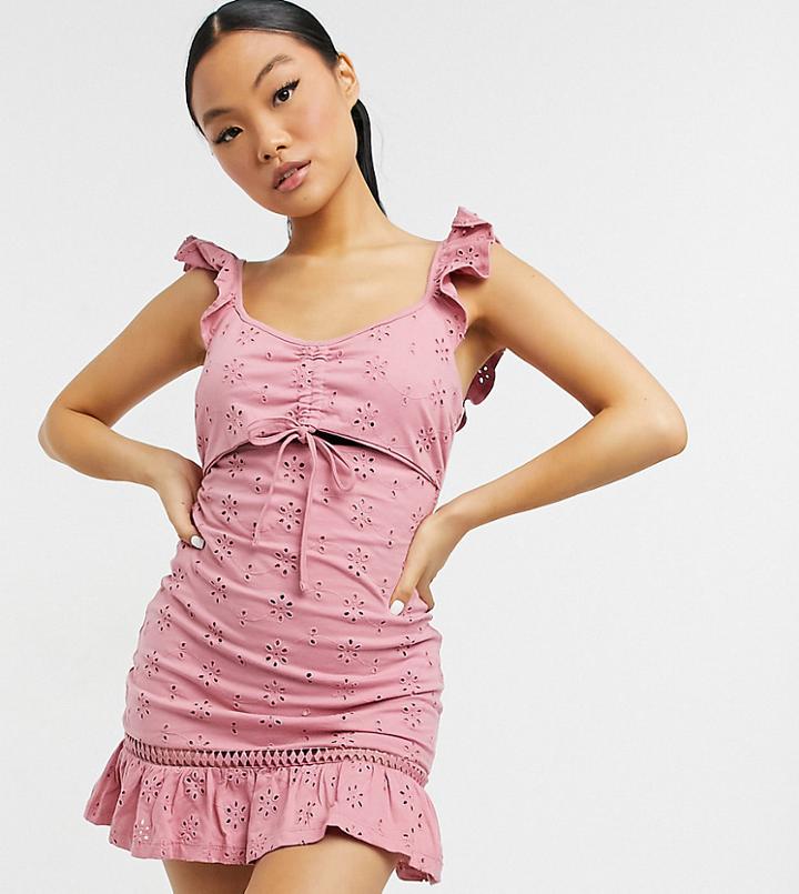 Asos Design Petite Broderie Mini Sundress With Cut Out And Ruffle Straps In Blush-pink
