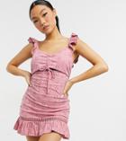 Asos Design Petite Broderie Mini Sundress With Cut Out And Ruffle Straps In Blush-pink