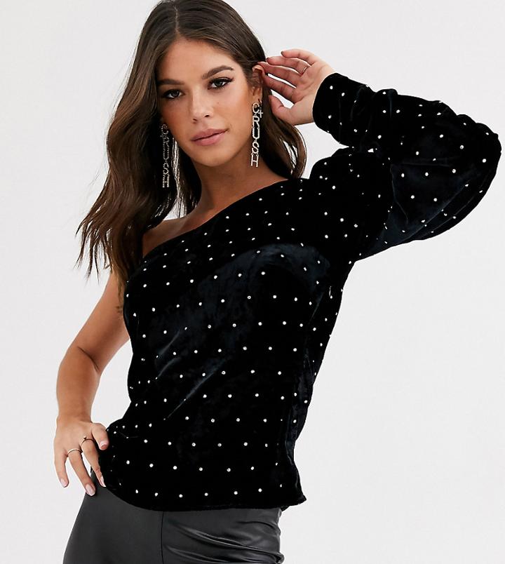 Asos Design Tall One Shoulder Top In Velvet In Hot Fix
