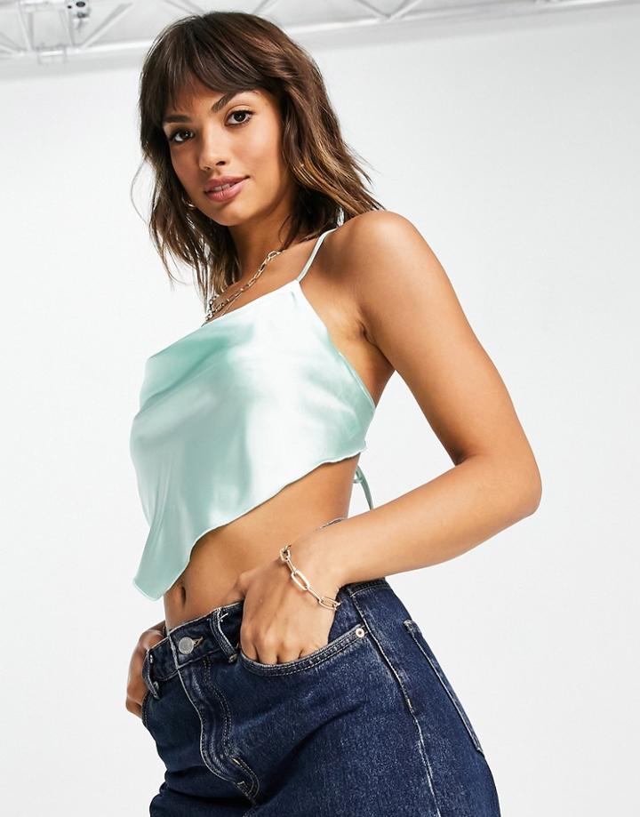 Asos Design 90's Satin Scarf Top With Cowl Neck And Lace Up Back In Mint-no Color