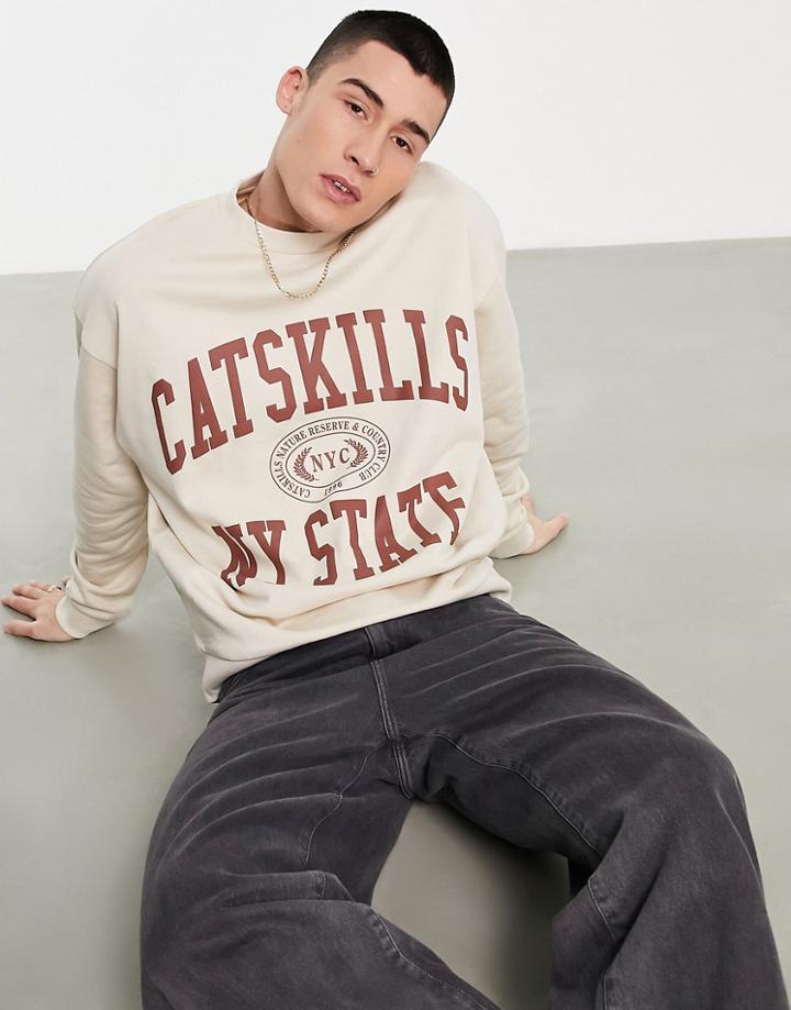 Asos Design Oversized Sweatshirt In Beige With Varsity Print-neutral