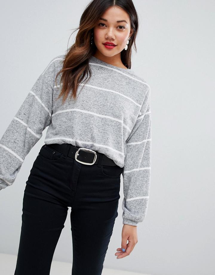 New Look Stripe Balloon Sleeve Sweater - Gray