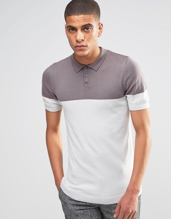 Asos Muscle Fit Knitted Polo In Color Block - Flat Gray